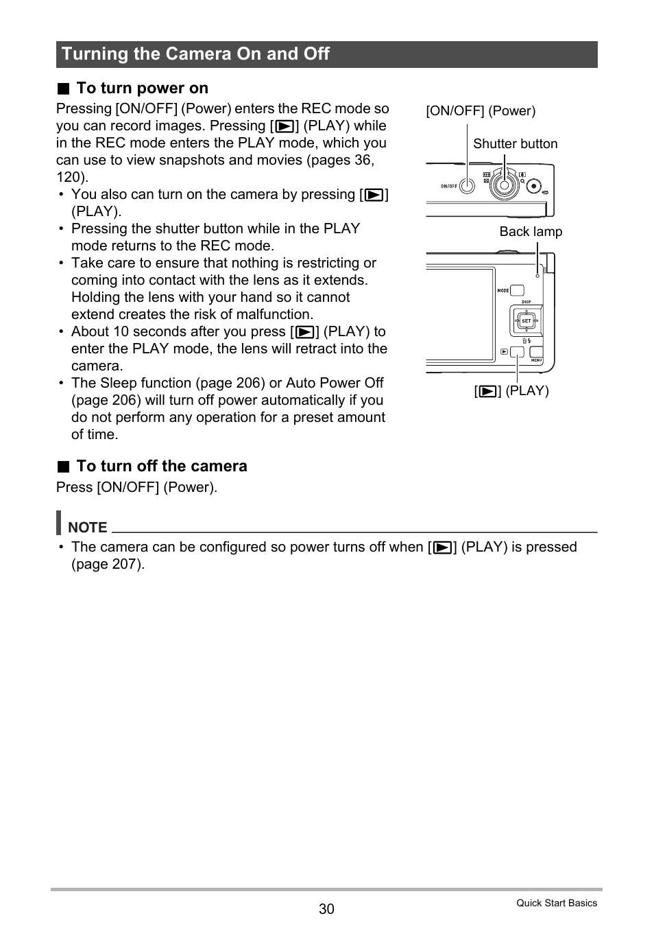 Turning the camera on and off | Casio EX-FC500S User Manual | Page 30 / 248