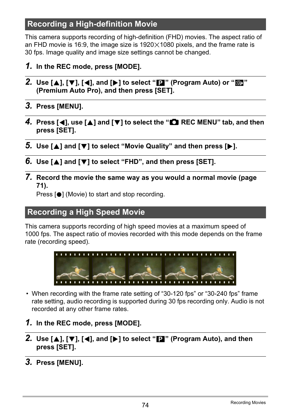 Recording a high-definition movie, Recording a high speed movie, Age 74 | Casio EX-FC500S User Manual | Page 74 / 248