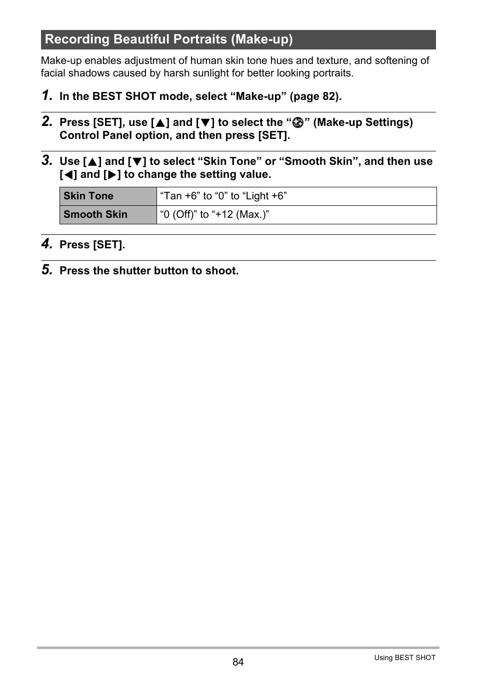 Recording beautiful portraits (make-up) | Casio EX-FC500S User Manual | Page 84 / 248