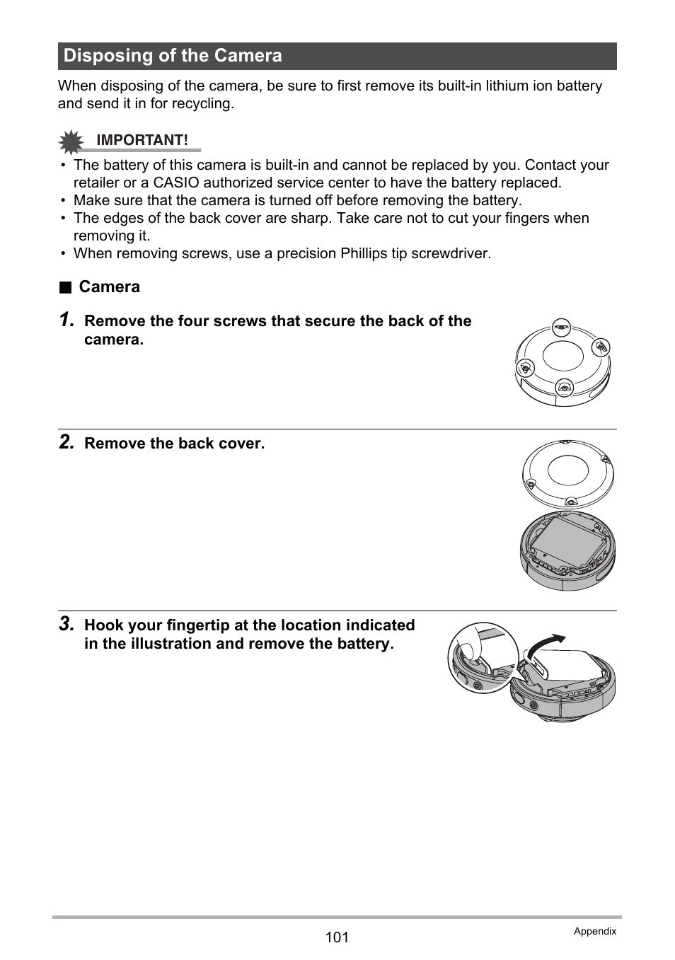 Disposing of the camera | Casio EX-FR10 (Camera: Ver. 1.00 and 1.01, Controller: Ver. 1.00) User Manual | Page 101 / 119