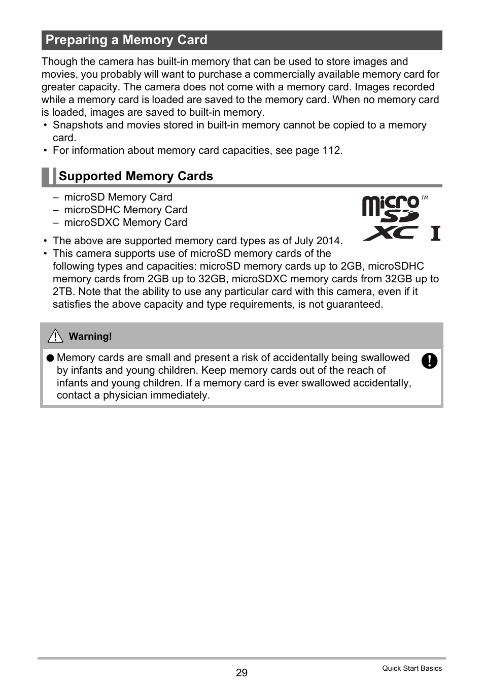 Preparing a memory card, Supported memory cards | Casio EX-FR10 (Camera: Ver. 1.00 and 1.01, Controller: Ver. 1.00) User Manual | Page 29 / 119