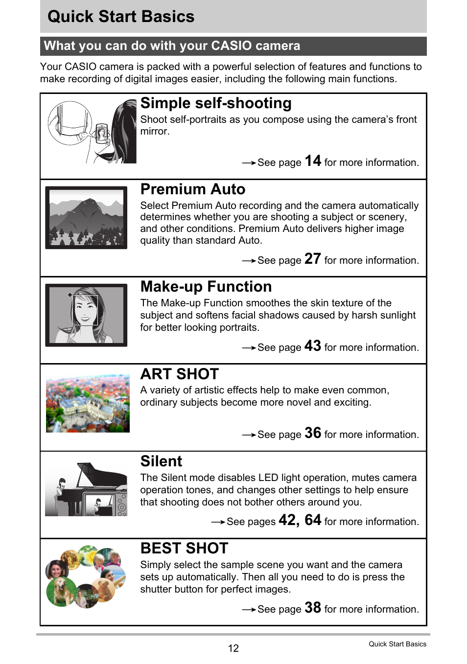 Quick start basics, What you can do with your casio camera, Simple self-shooting | Premium auto, Make-up function, Art shot, Silent, Best shot | Casio EX-MR1 User Manual | Page 12 / 126
