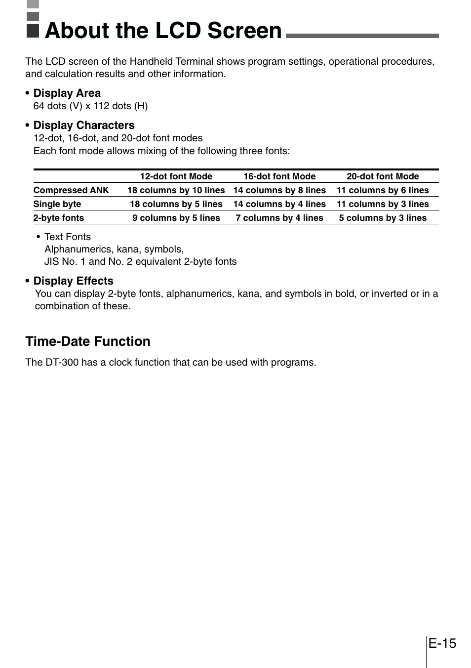 About the lcd screen, E-15, Time-date function | Casio DT-300M60E User Manual | Page 13 / 27