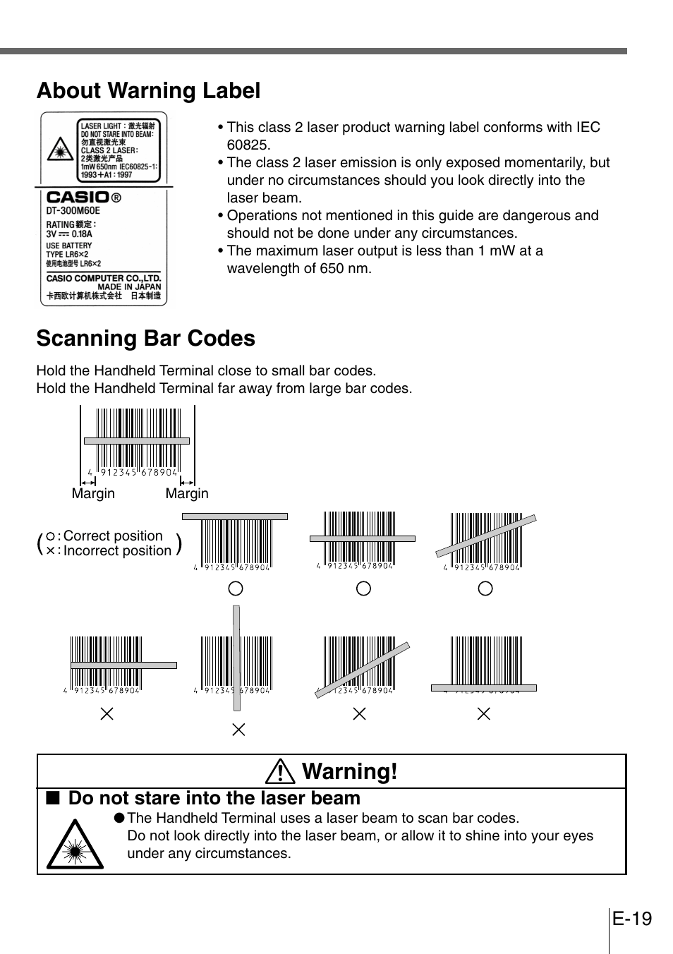 Scanning bar codes, Warning, About warning label | E-19, Do not stare into the laser beam | Casio DT-300M60E User Manual | Page 17 / 27