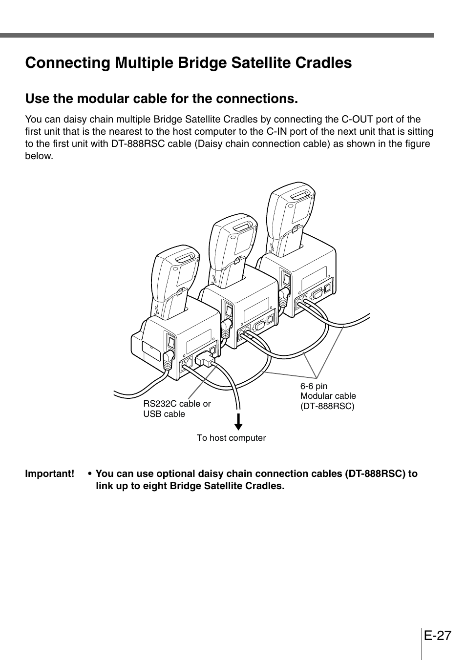 Connecting multiple bridge satellite cradles, E-27, Use the modular cable for the connections | Casio DT-300M60E User Manual | Page 25 / 27