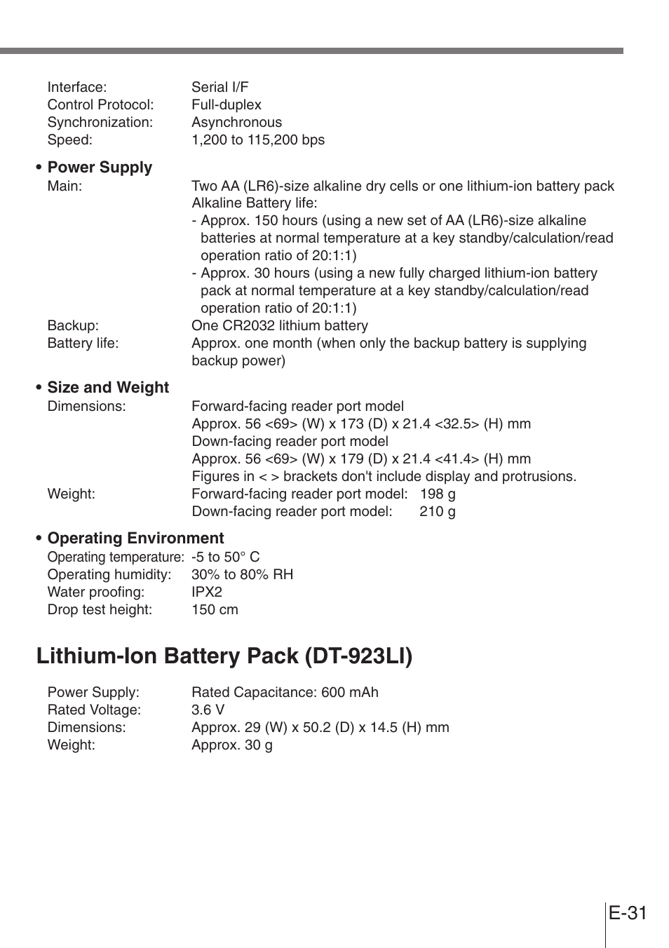 Lithium-ion battery pack (dt-923li), E-31 | Casio DT-900 User Manual | Page 29 / 53
