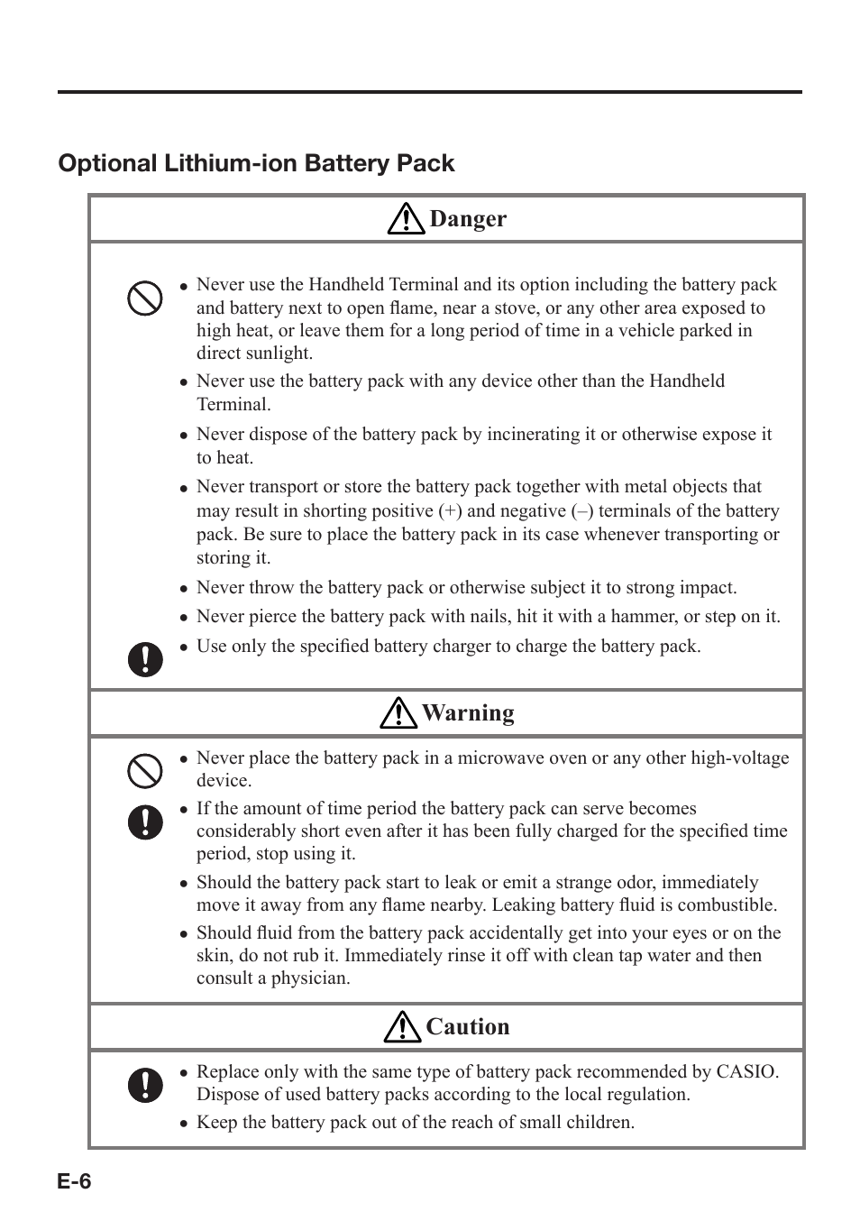 Optional lithium-ion battery pack danger, Warning, Caution | Casio DT-X7 User Manual | Page 8 / 75