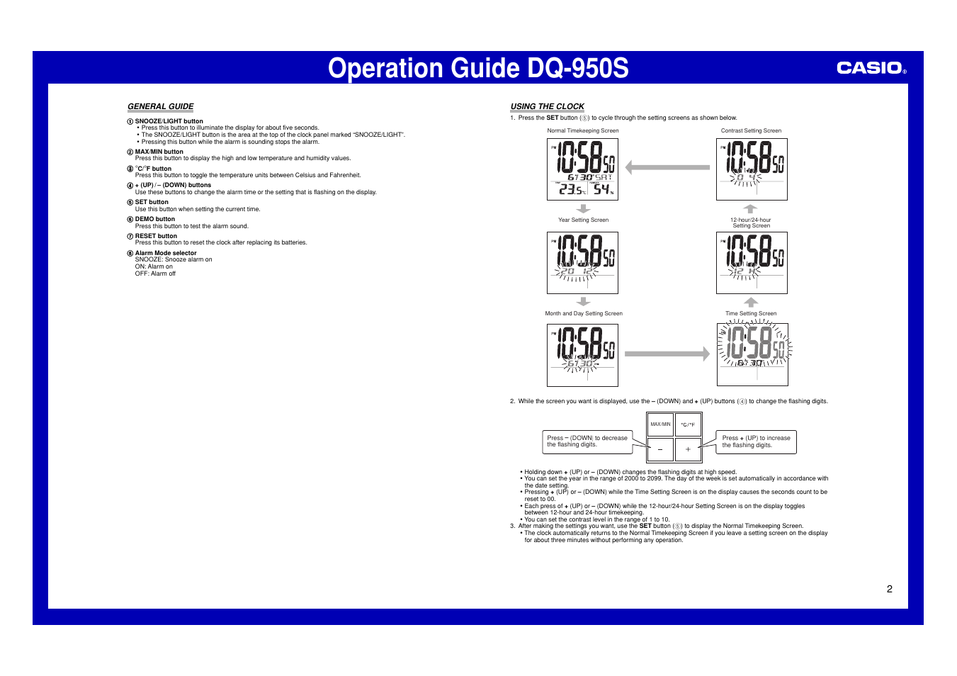 General guide, Using the clock, Operation guide dq-950s | Casio DQ-950S User Manual | Page 2 / 4