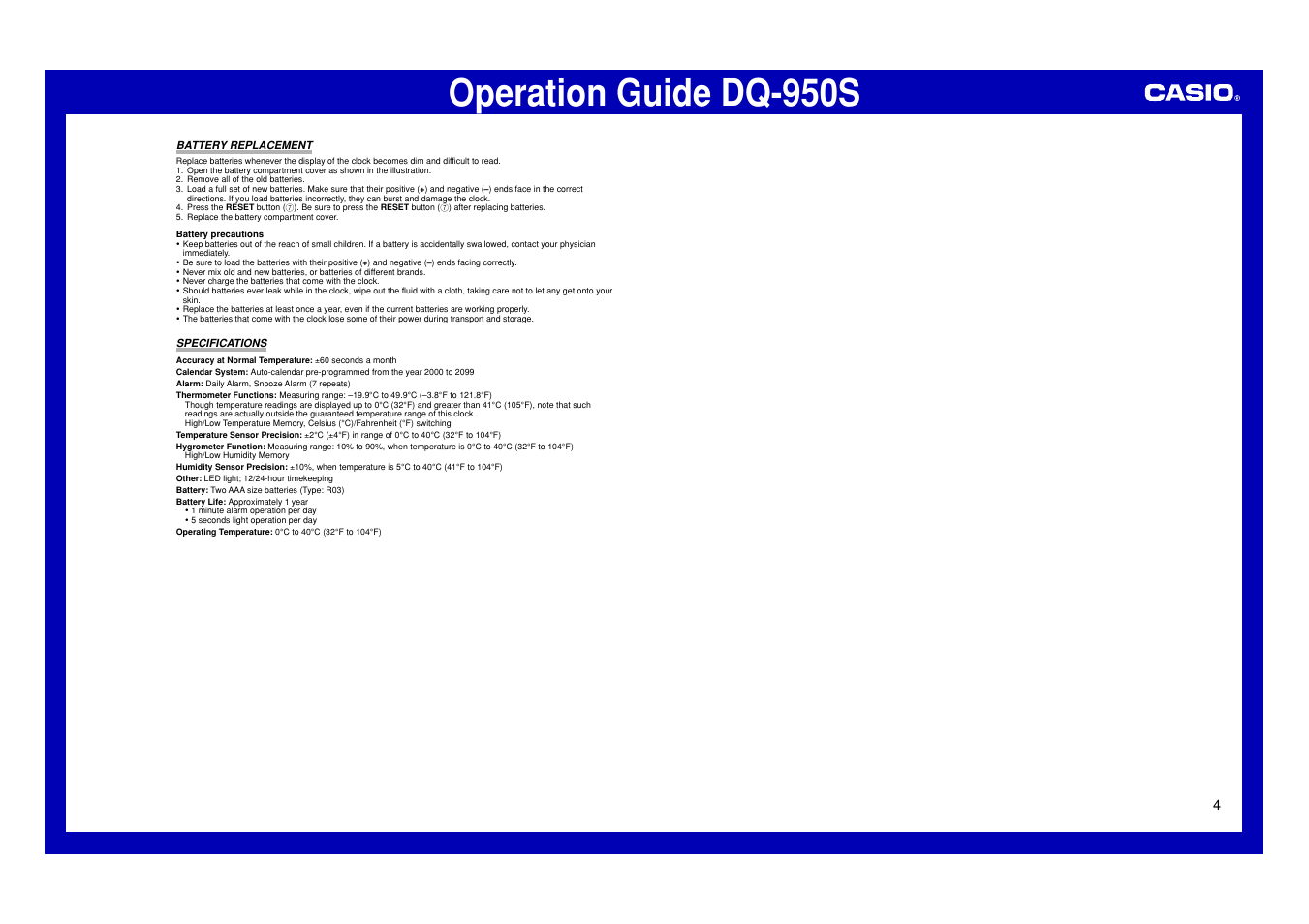 Battery replacement, Specifications, Operation guide dq-950s | Casio DQ-950S User Manual | Page 4 / 4