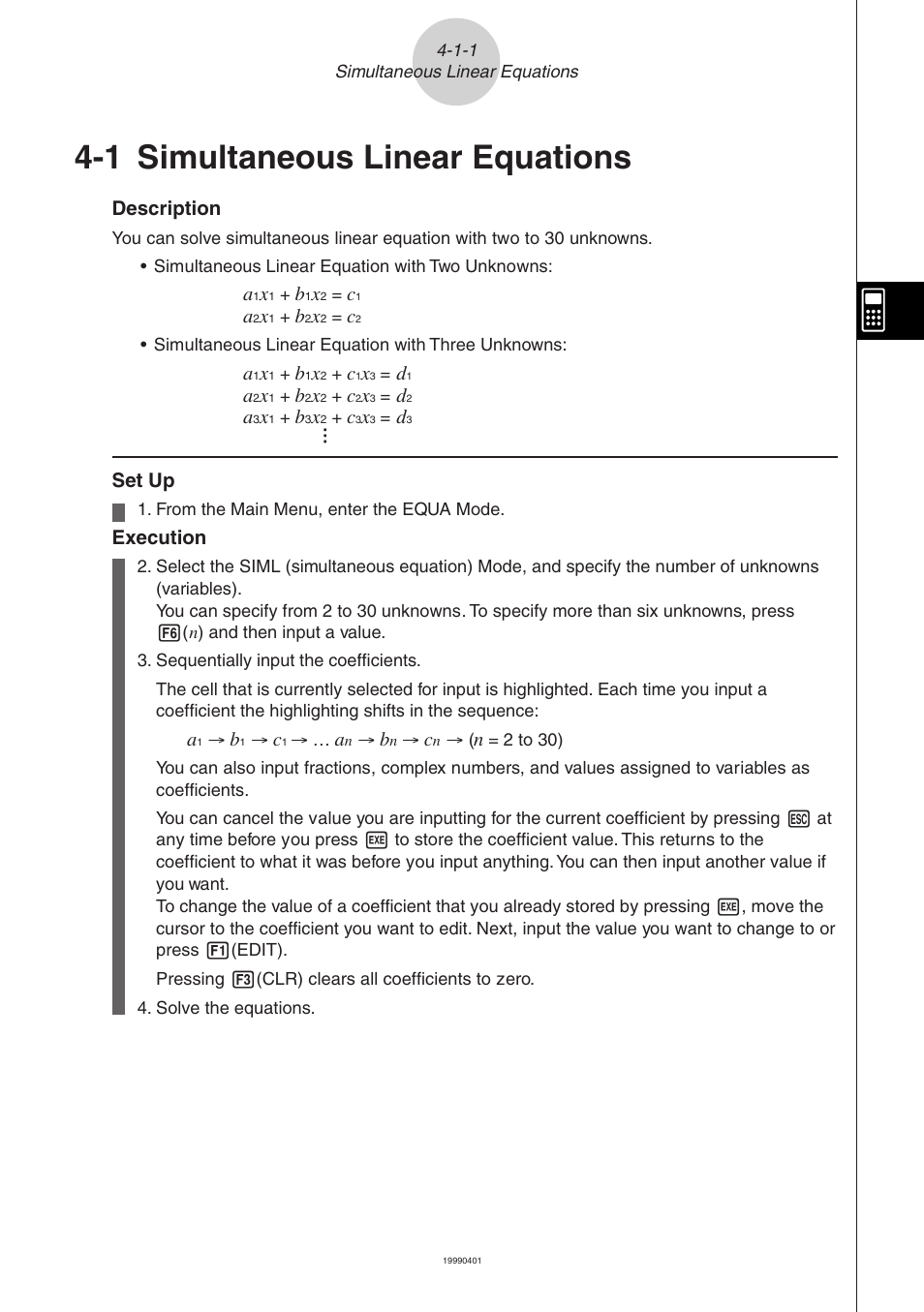 1 simultaneous linear equations, Description, Set up | Execution | Casio ALGEBRA FX 2.0 Equation Calculations User Manual | Page 2 / 8