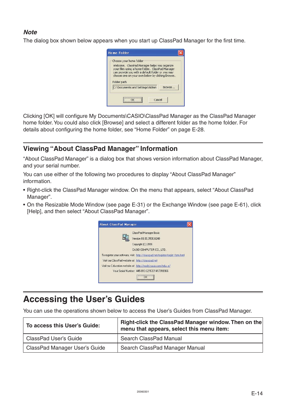 Accessing the user’s guides, Viewing “about classpad manager” information | Casio ClassPad Manager Version 3.0 User Manual | Page 16 / 113