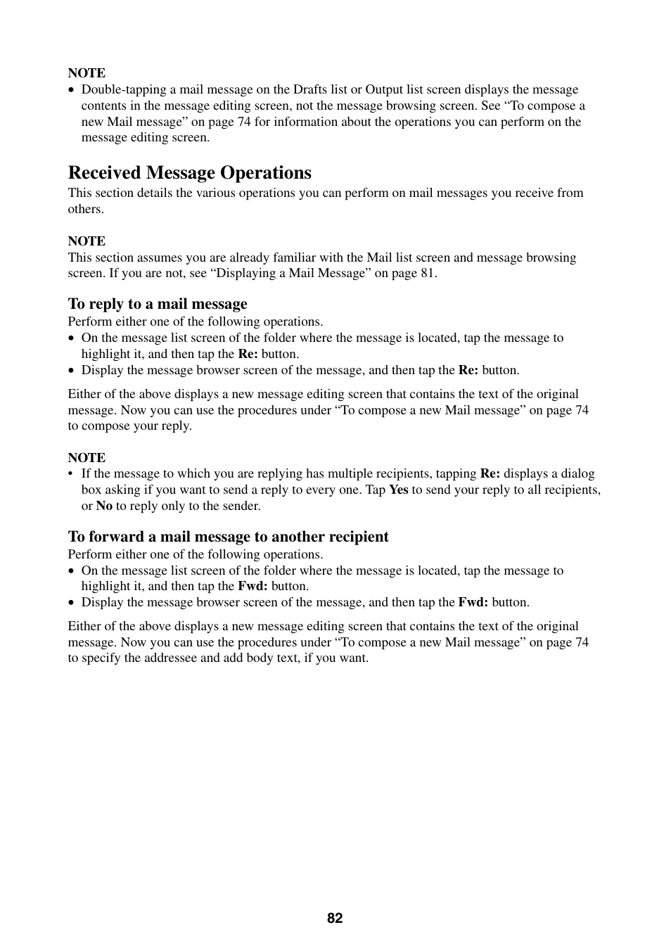 Received message operations | Casio BE-300 User Manual | Page 82 / 163