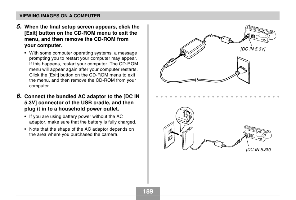 Viewing images on a computer, Dc in 5.3v | Casio EX-s600 User Manual | Page 189 / 245