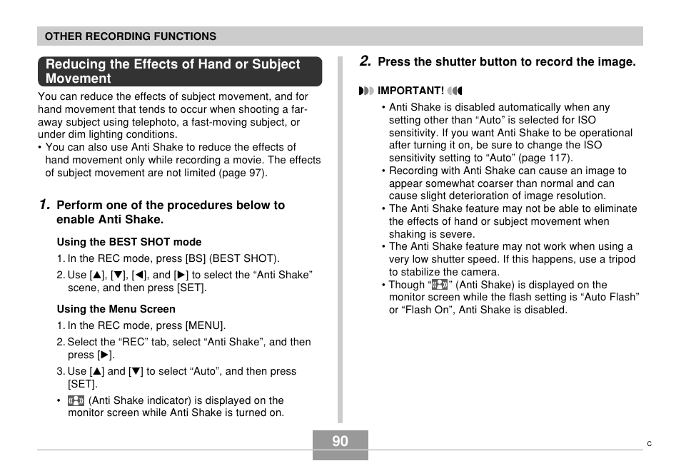 Reducing the effects of hand or subject movement | Casio EX-s600 User Manual | Page 90 / 245