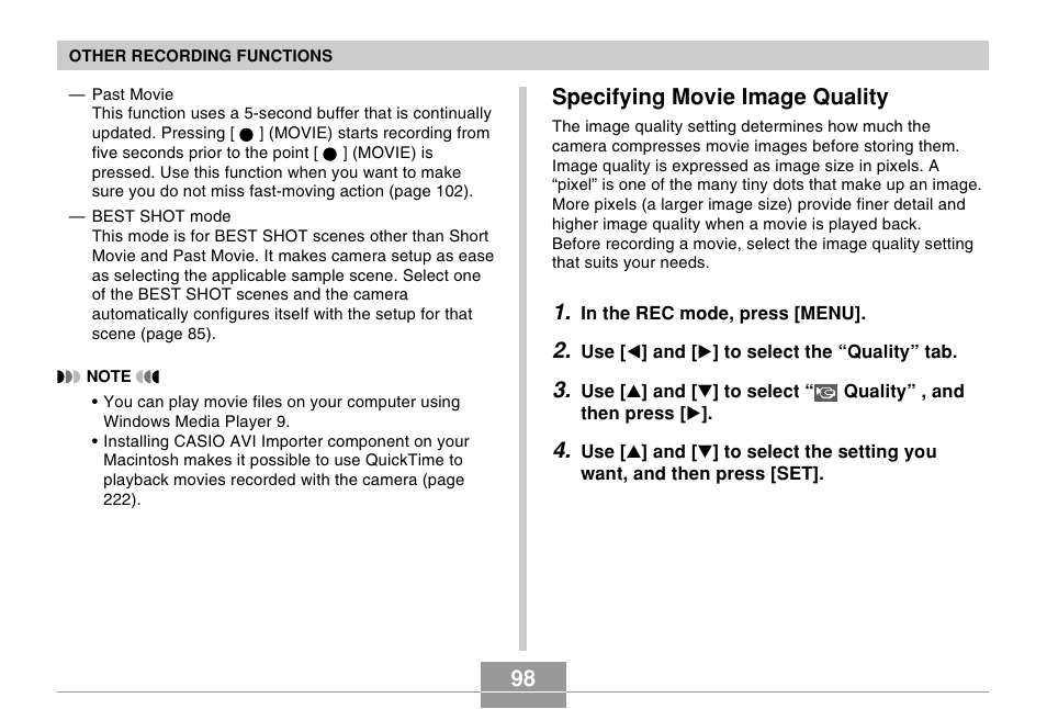 Specifying movie image quality | Casio EX-s600 User Manual | Page 98 / 245
