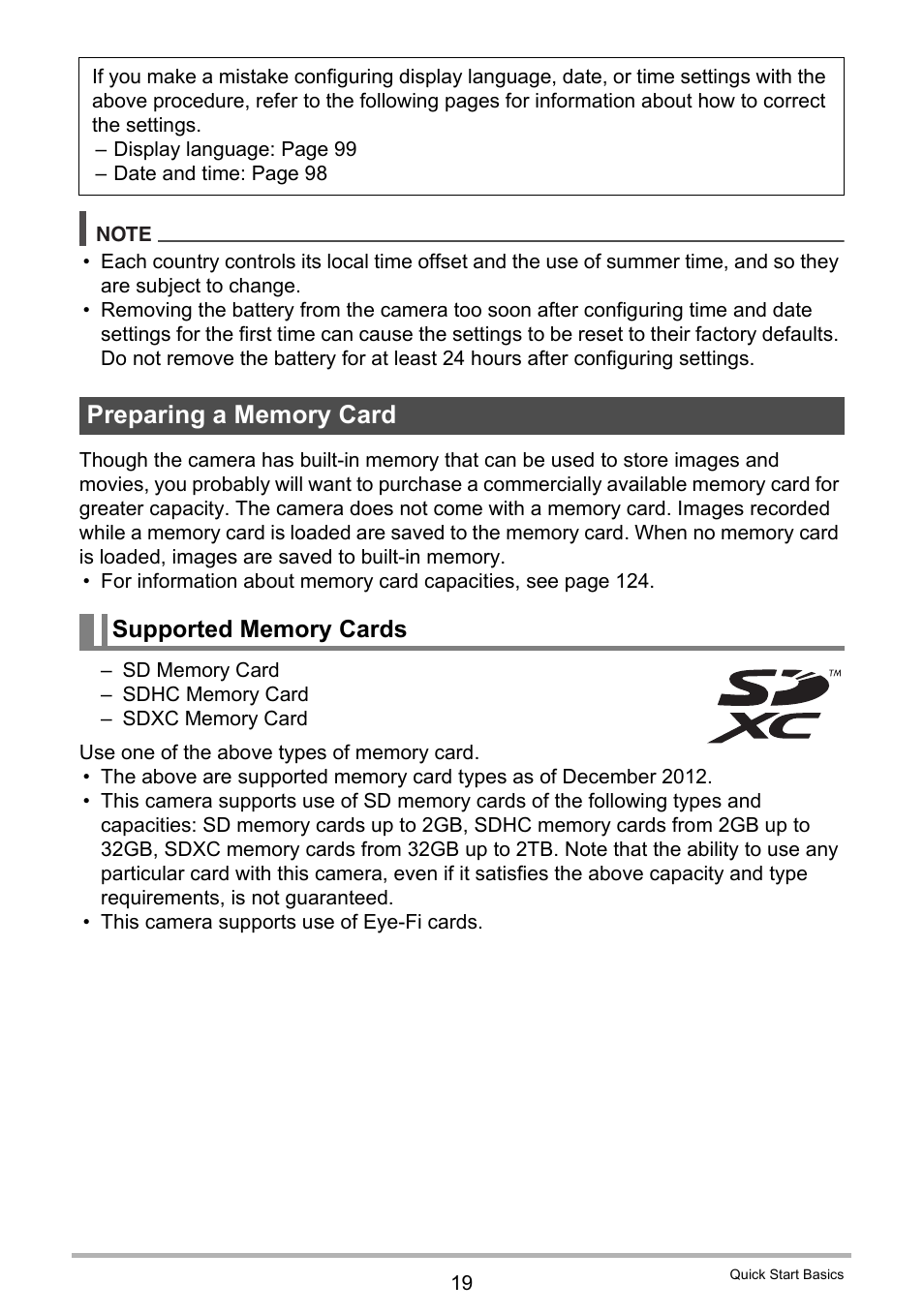 Preparing a memory card, Supported memory cards | Casio EX-Z790 User Manual | Page 19 / 130