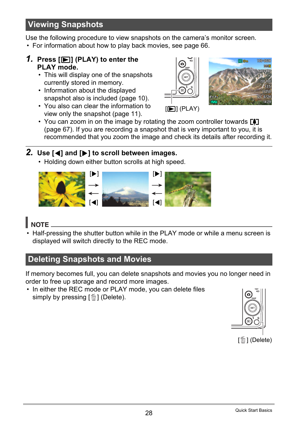 Viewing snapshots, Deleting snapshots and movies, Viewing snapshots deleting snapshots and movies | Ges 28 | Casio EX-Z790 User Manual | Page 28 / 130