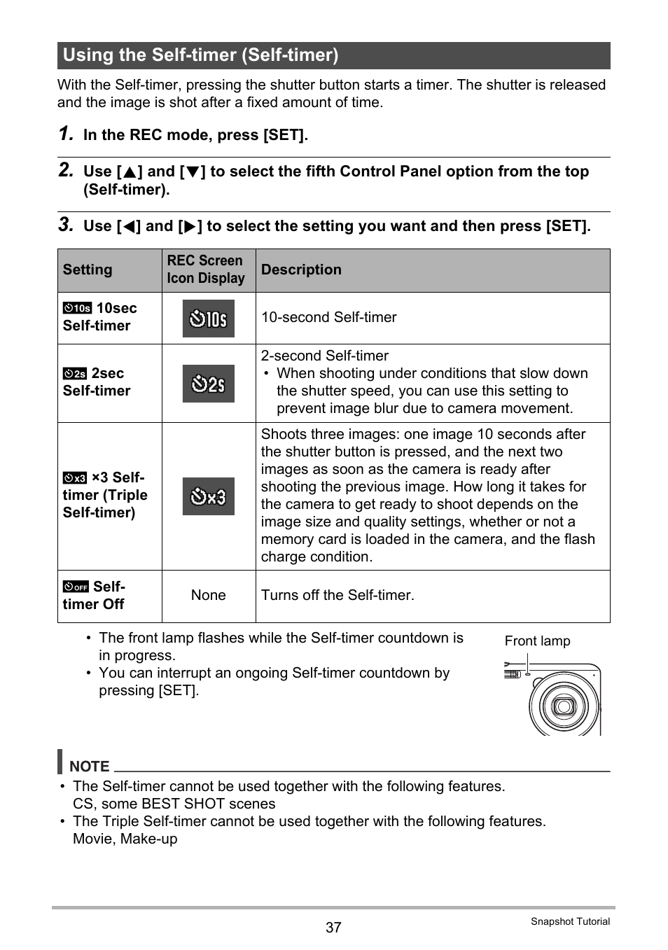 Using the self-timer (self-timer) | Casio EX-Z790 User Manual | Page 37 / 130