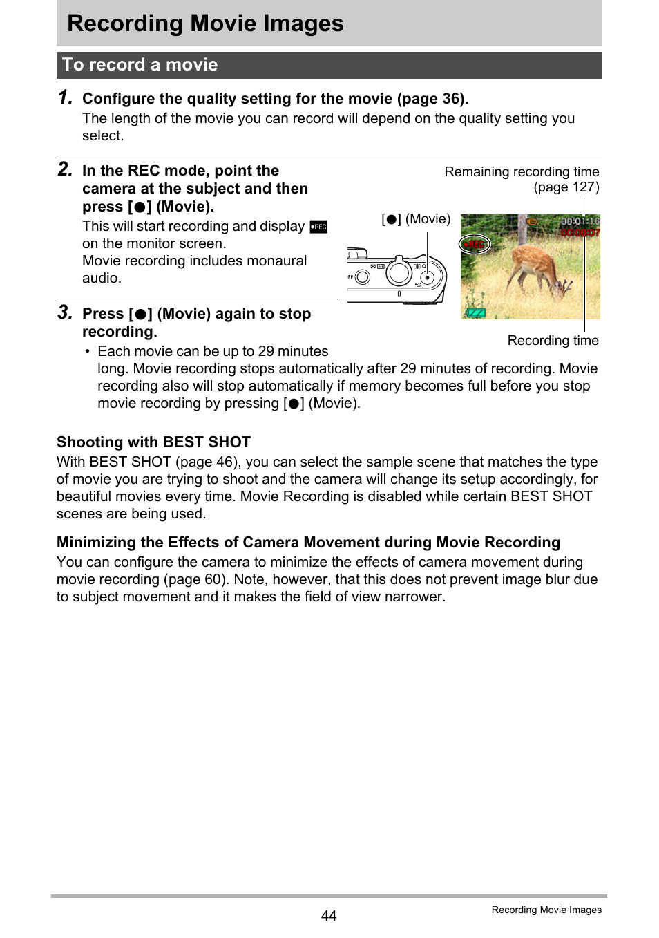 Recording movie images, To record a movie | Casio EX-ZS50 User Manual | Page 44 / 133