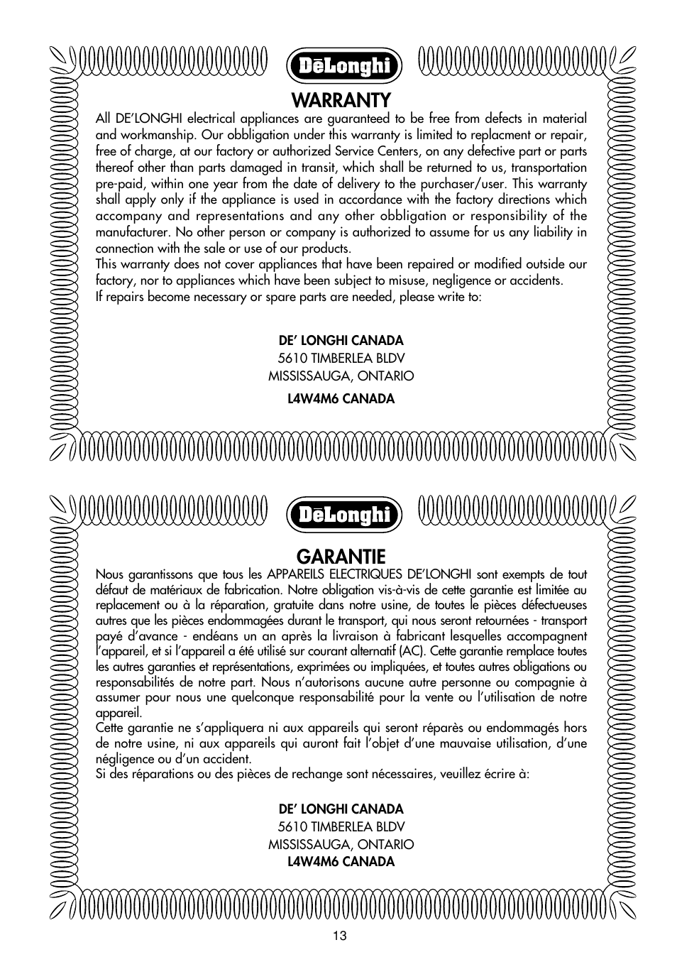 Warranty, Garantie | DeLonghi Upright Vacuum Cleaner User Manual | Page 13 / 17
