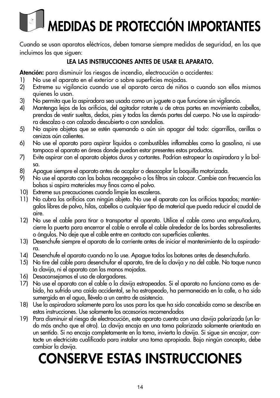 Medidas de protección importantes, Conserve estas instrucciones | DeLonghi Upright Vacuum Cleaner User Manual | Page 14 / 17