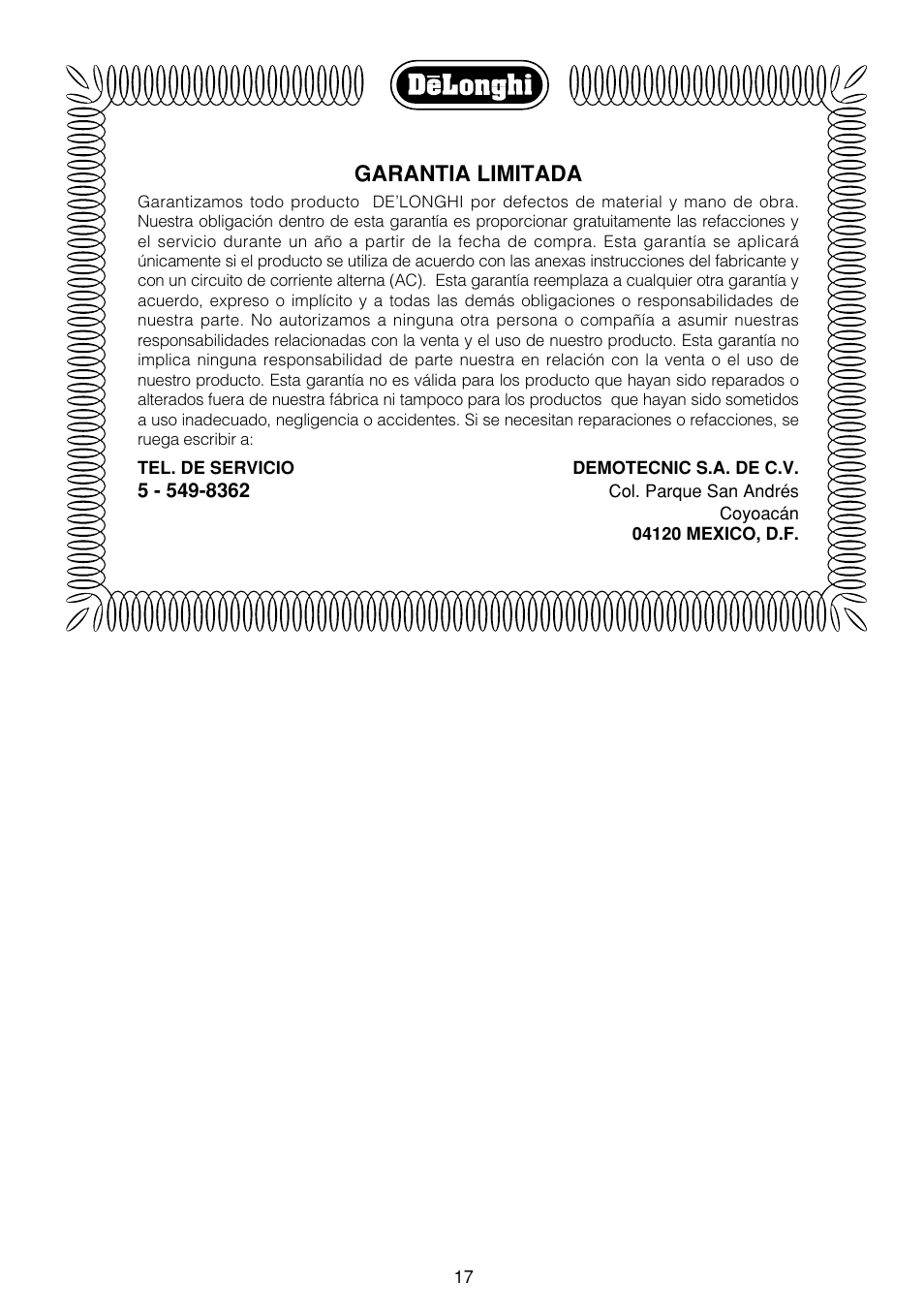 DeLonghi Upright Vacuum Cleaner User Manual | Page 17 / 17