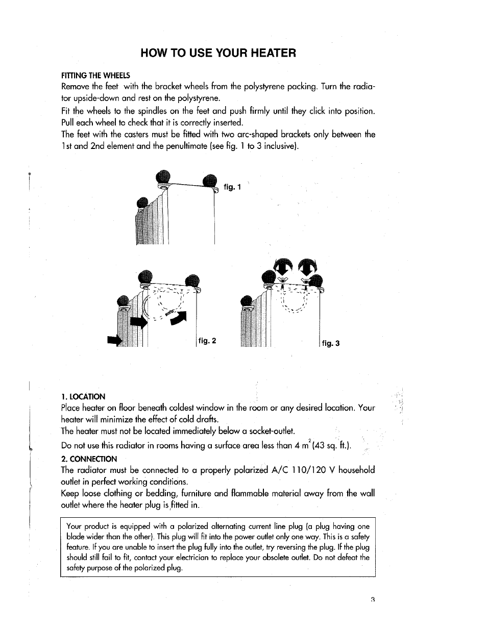 Fitting the wheels, Location, Connection | How to use your heater | Kenwood 6188EP User Manual | Page 3 / 6