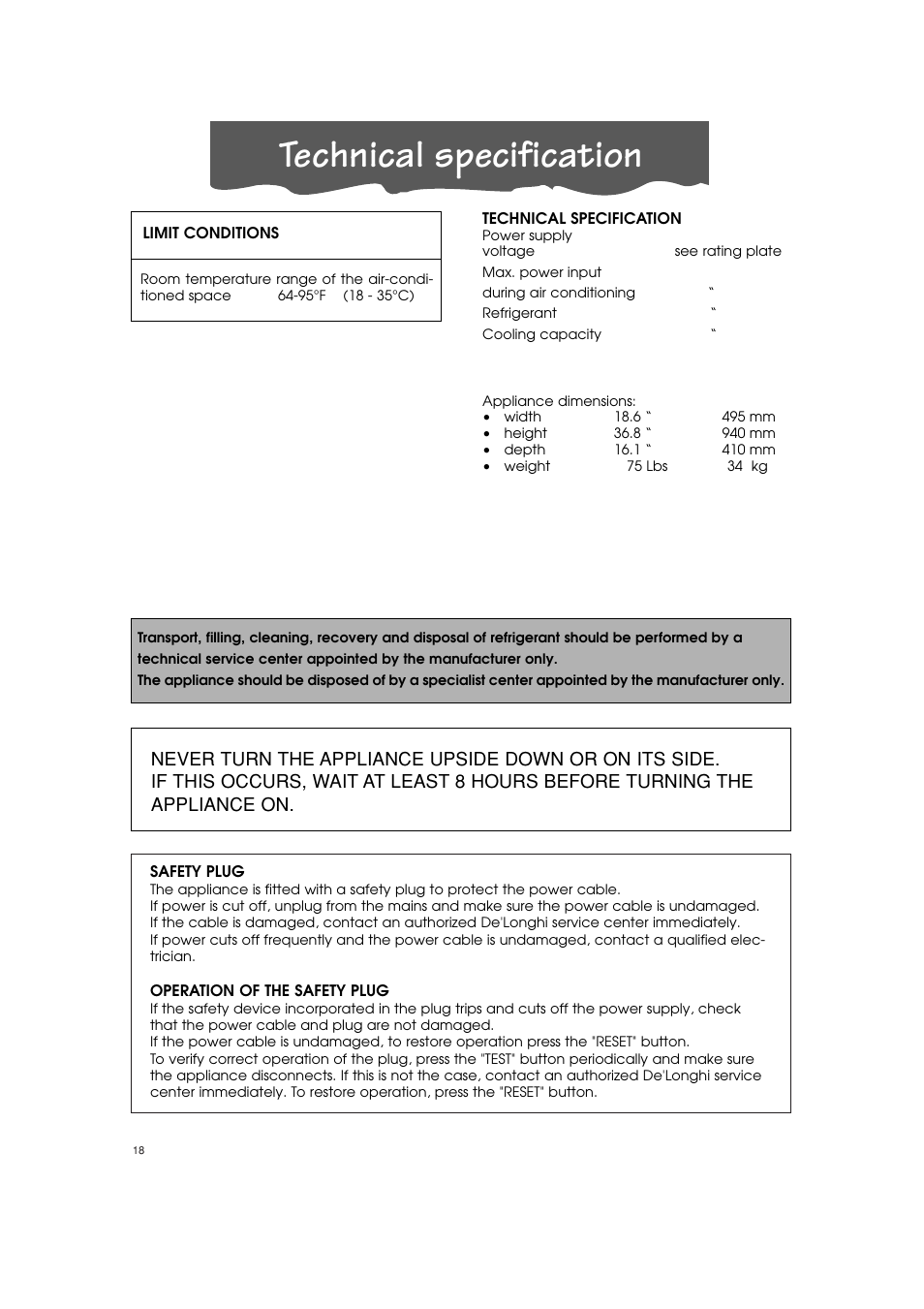 Technical specification | DeLonghi PINGUINO PAC T110P User Manual | Page 18 / 19