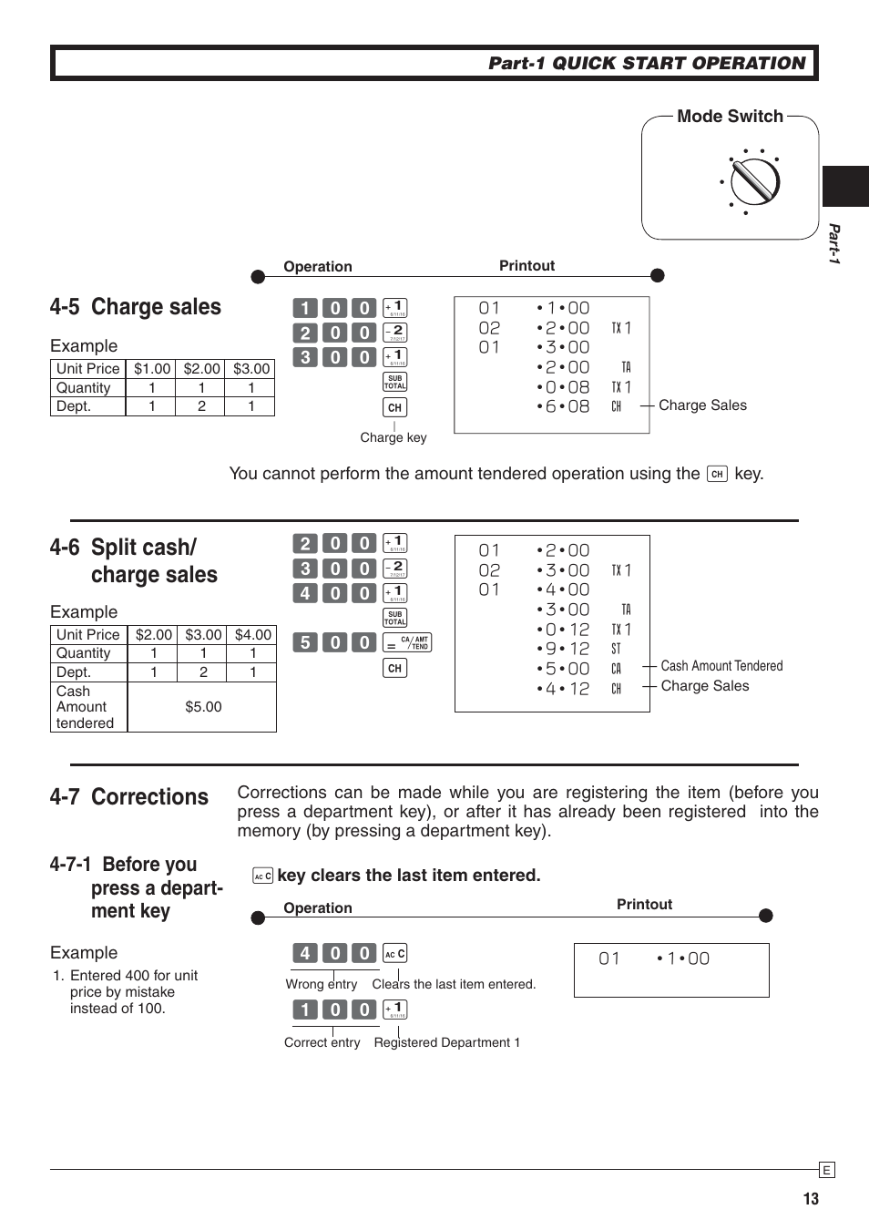 5 charge sales, 6 split cash/ charge sales, 7 corrections | 7-1 before you press a depart- ment key | Casio PCR-272 Manual User Manual | Page 13 / 46