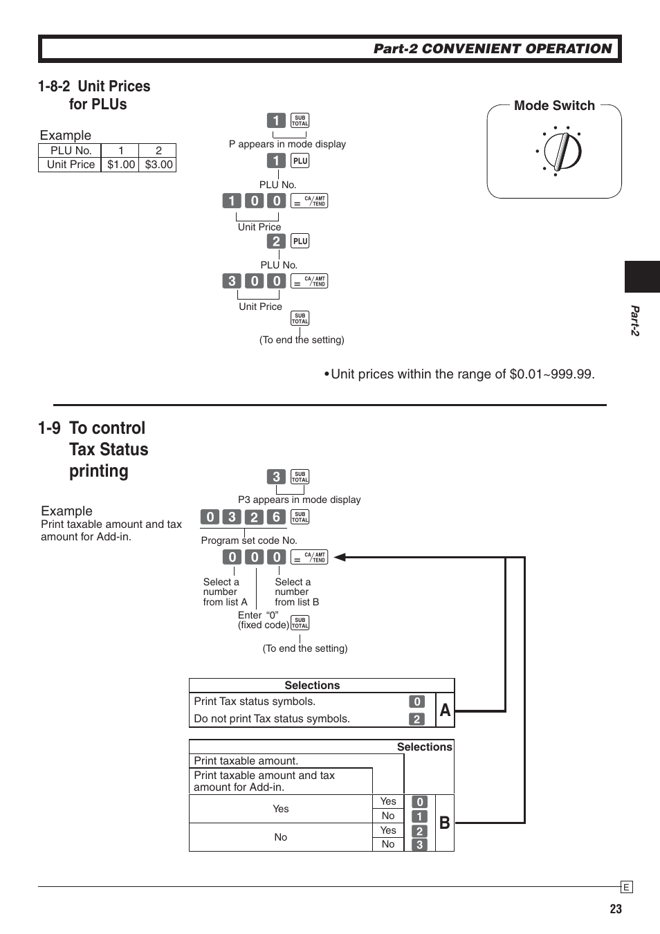 9 to control tax status printing, 8-2 unit prices for plus | Casio PCR-272 Manual User Manual | Page 23 / 46