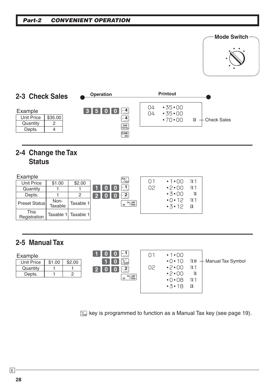 3 check sales, 4 change the tax status, 5 manual tax | Casio PCR-272 Manual User Manual | Page 28 / 46