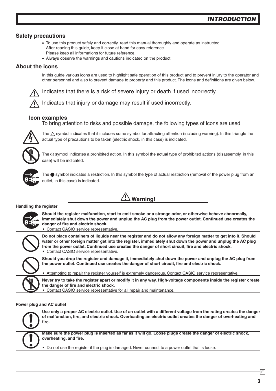 Introduction safety precautions, About the icons, Warning | Casio PCR-272 Manual User Manual | Page 3 / 46