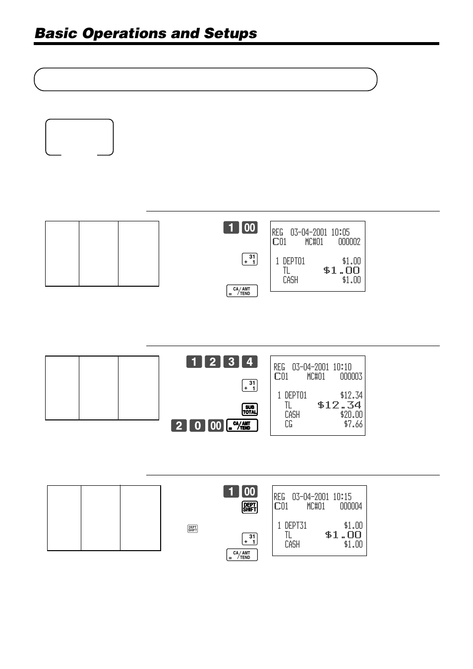 Preparing and using department keys, Basic operations and setups, Registering department keys | Casio PCR-1000 User Manual | Page 30 / 96