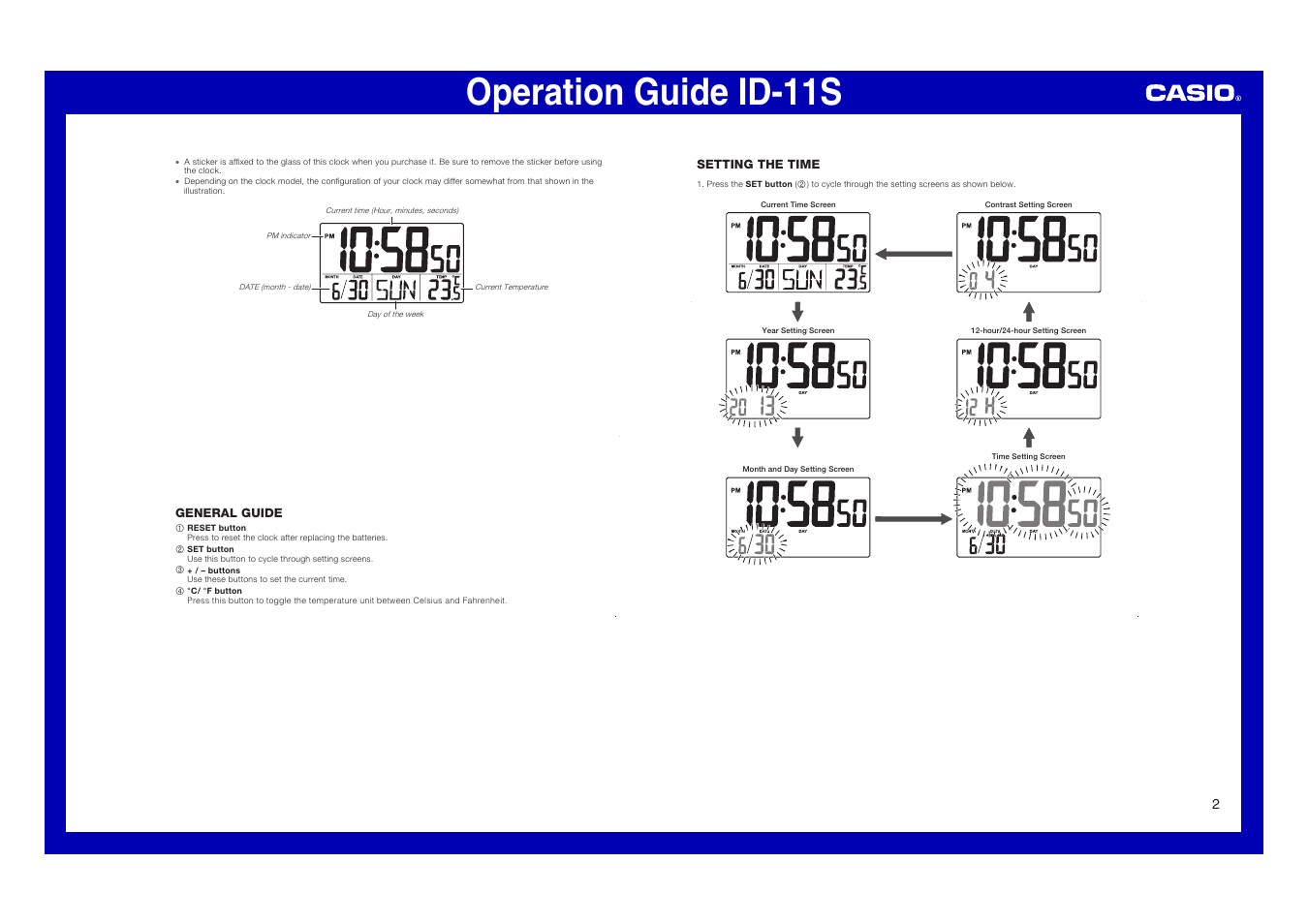 Operation guide id-11s | Casio ID-11S User Manual | Page 2 / 3