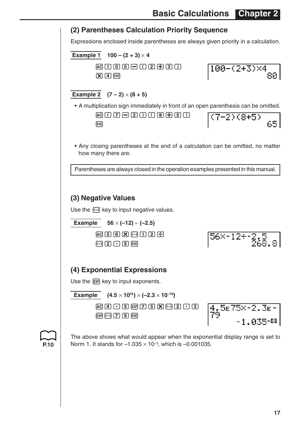 Basic calculations chapter 2, 2) parentheses calculation priority sequence, 3) negative values | 4) exponential expressions | Casio fx-7400G PLUS Basic Operation User Manual | Page 5 / 30