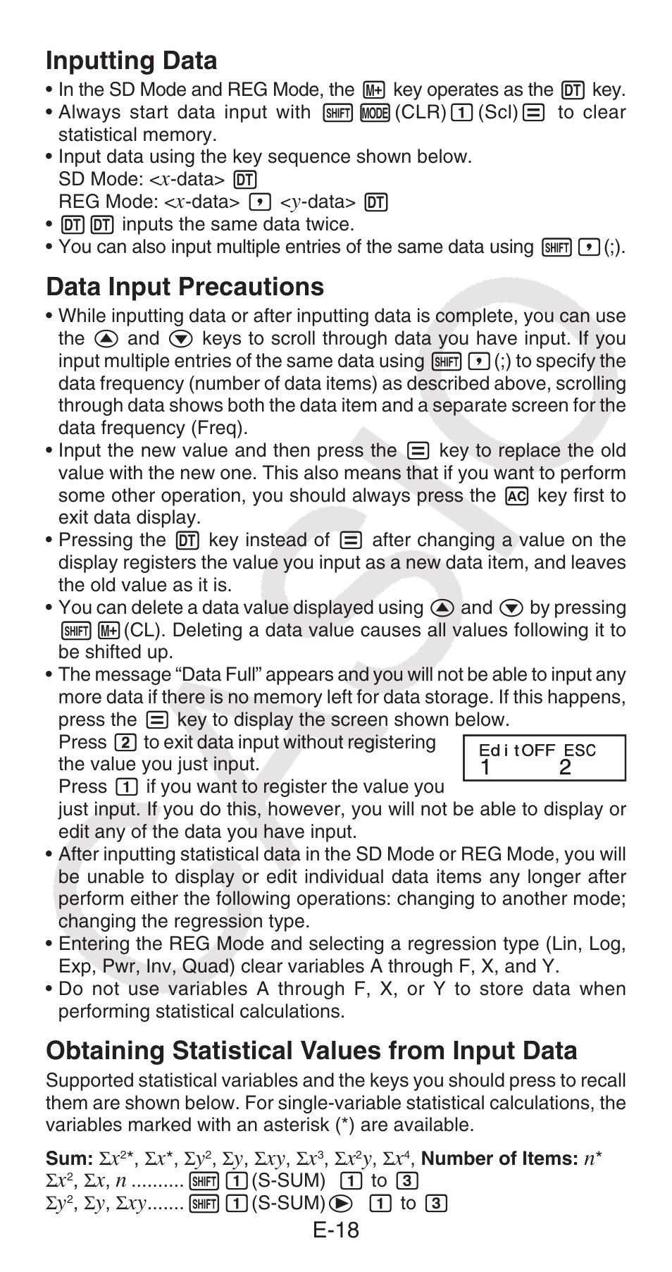 Inputting data, Data input precautions, Obtaining statistical values from input data | E-18 | Casio FX-100MS User Manual | Page 19 / 39