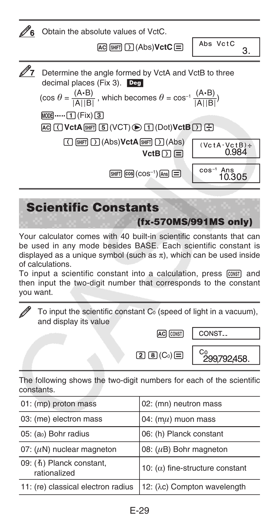 Scientific constants, E-29 | Casio FX-100MS User Manual | Page 30 / 39