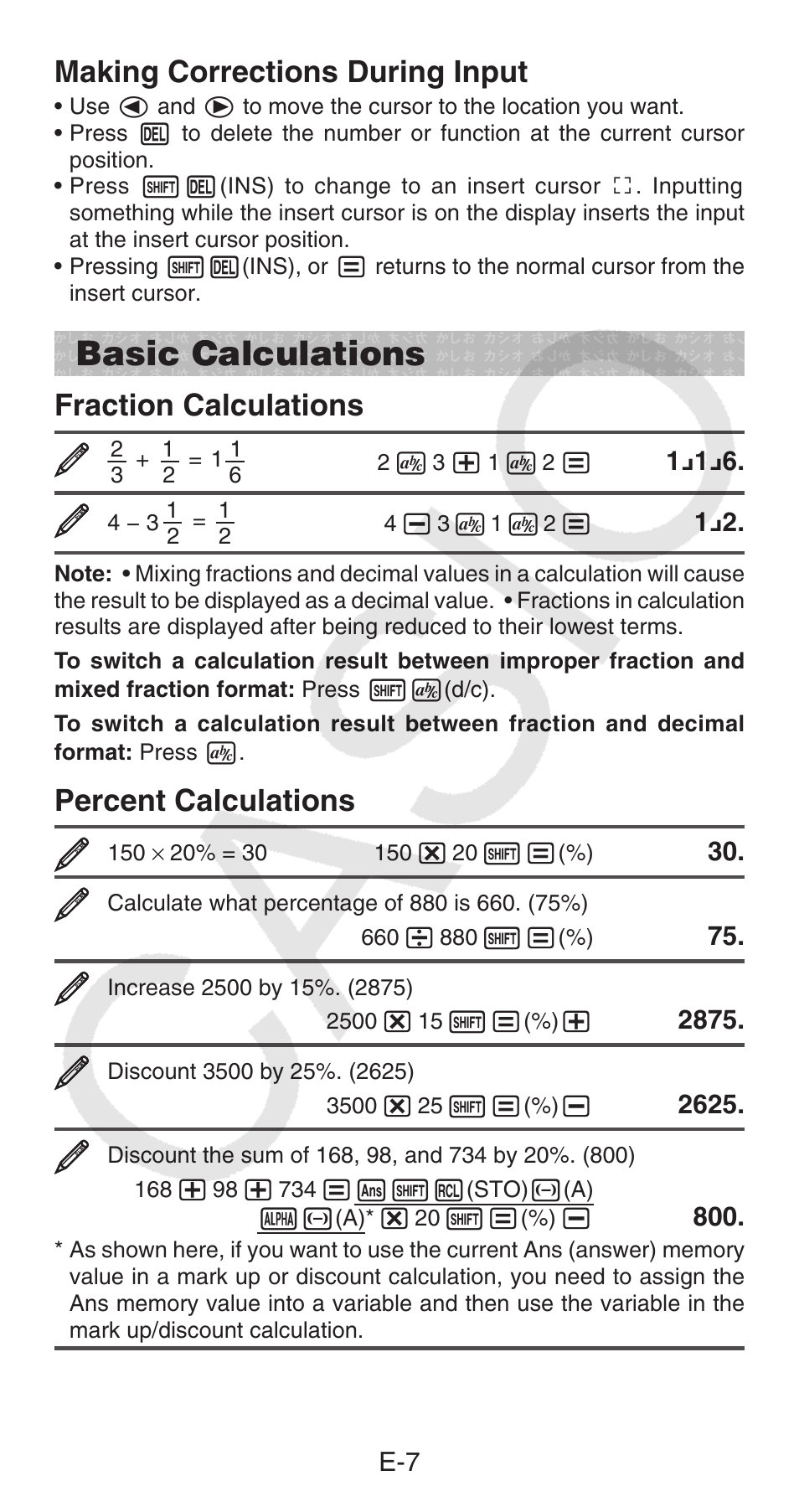 Basic calculations, Making corrections during input, Fraction calculations | Percent calculations | Casio FX-100MS User Manual | Page 8 / 39
