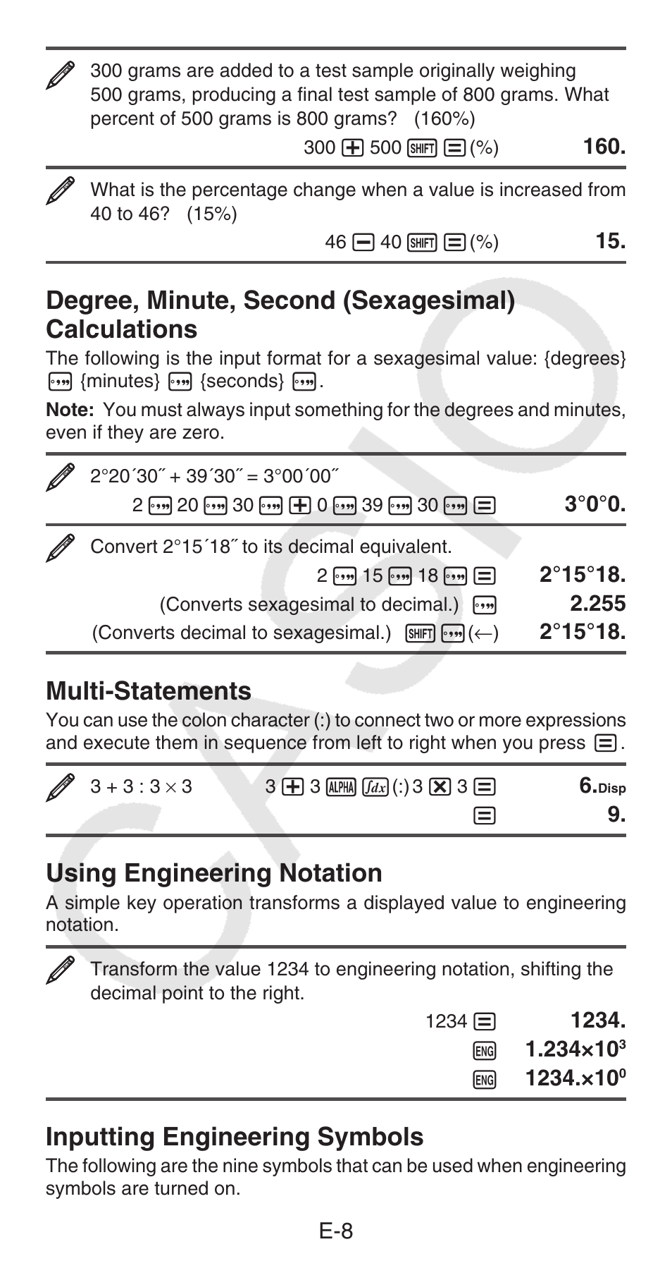 Degree, minute, second (sexagesimal) calculations, Multi-statements, Using engineering notation | Inputting engineering symbols | Casio FX-100MS User Manual | Page 9 / 39