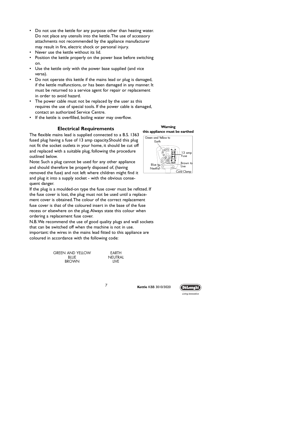Electrical requirements | DeLonghi KBB 3020 User Manual | Page 7 / 8
