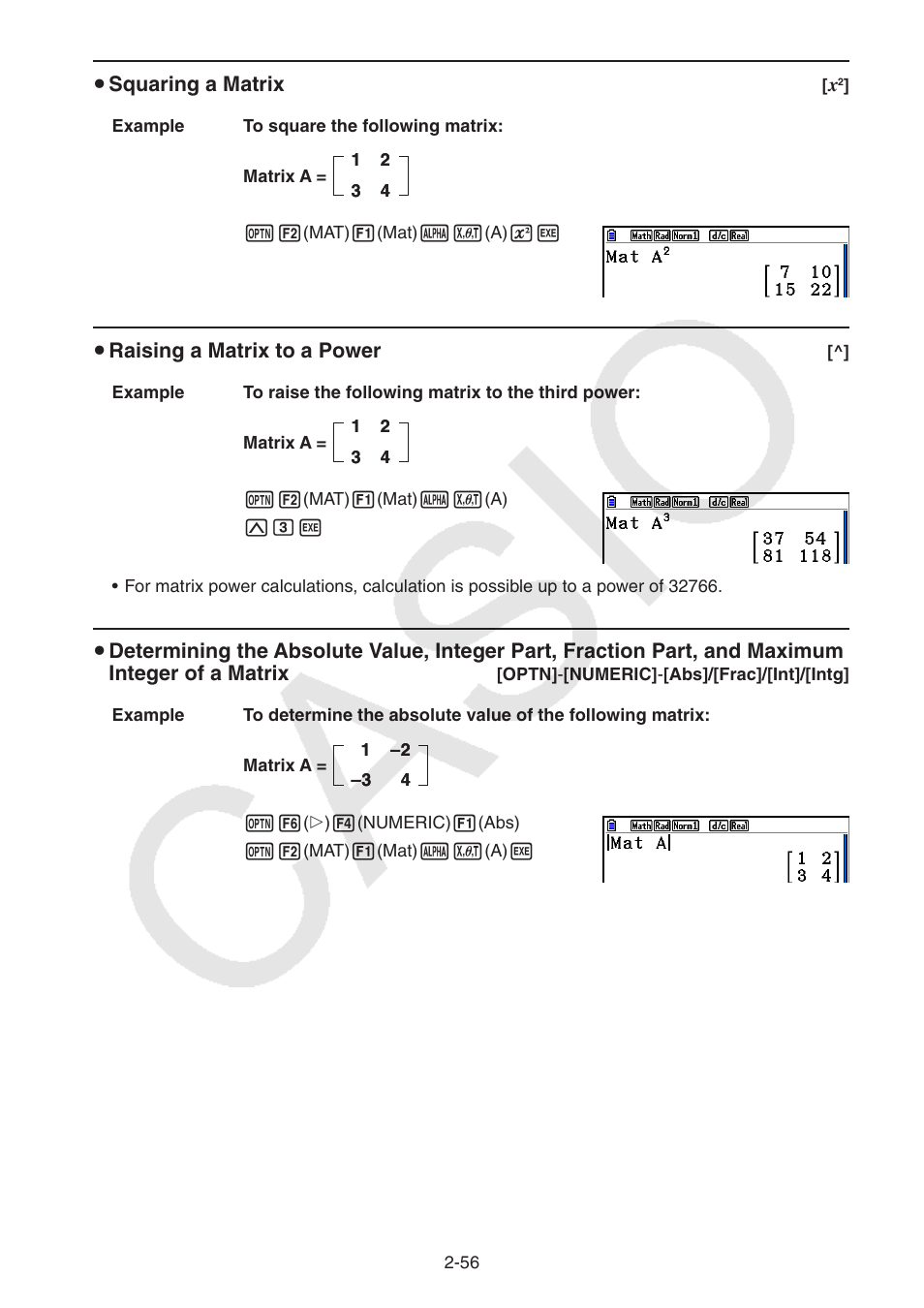 U squaring a matrix, U raising a matrix to a power | Casio FX-CG10 User Manual | Page 102 / 601