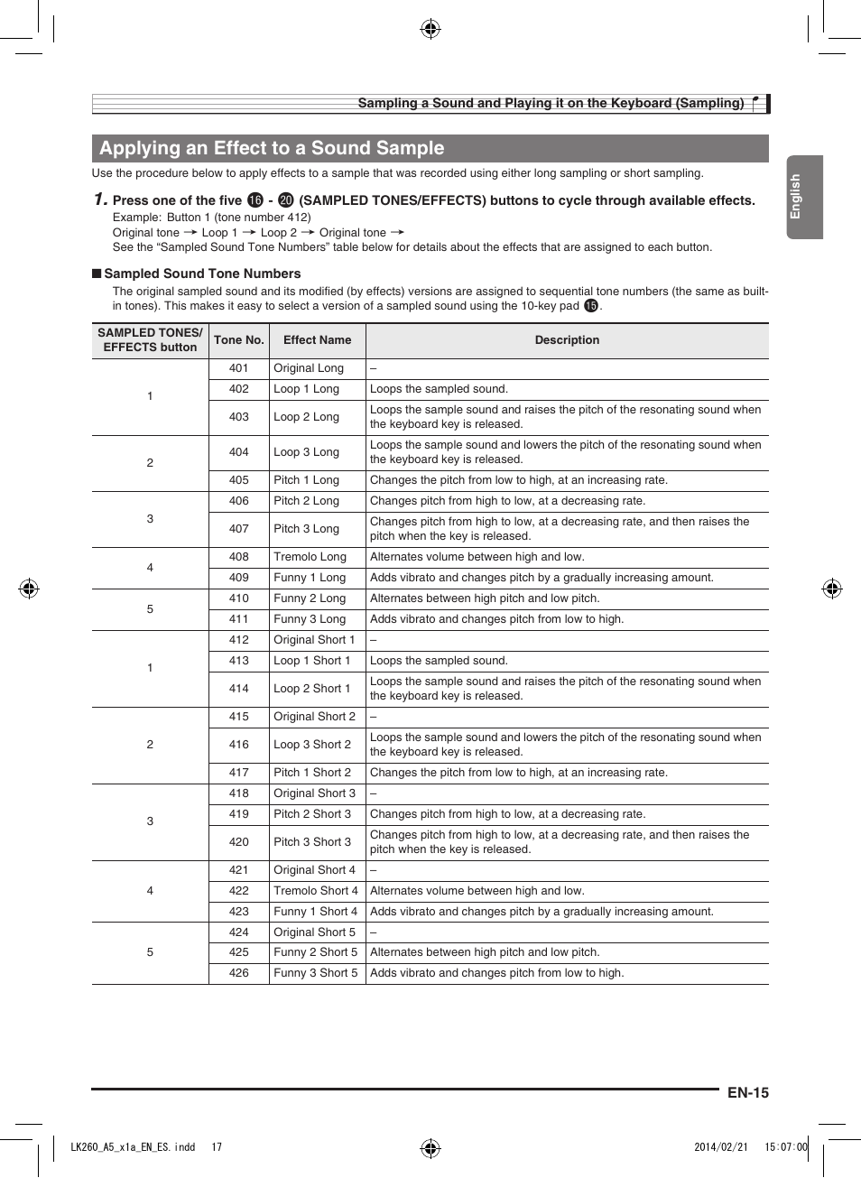 Applying an effect to a sound sample | Casio LK-170 User Manual | Page 17 / 48