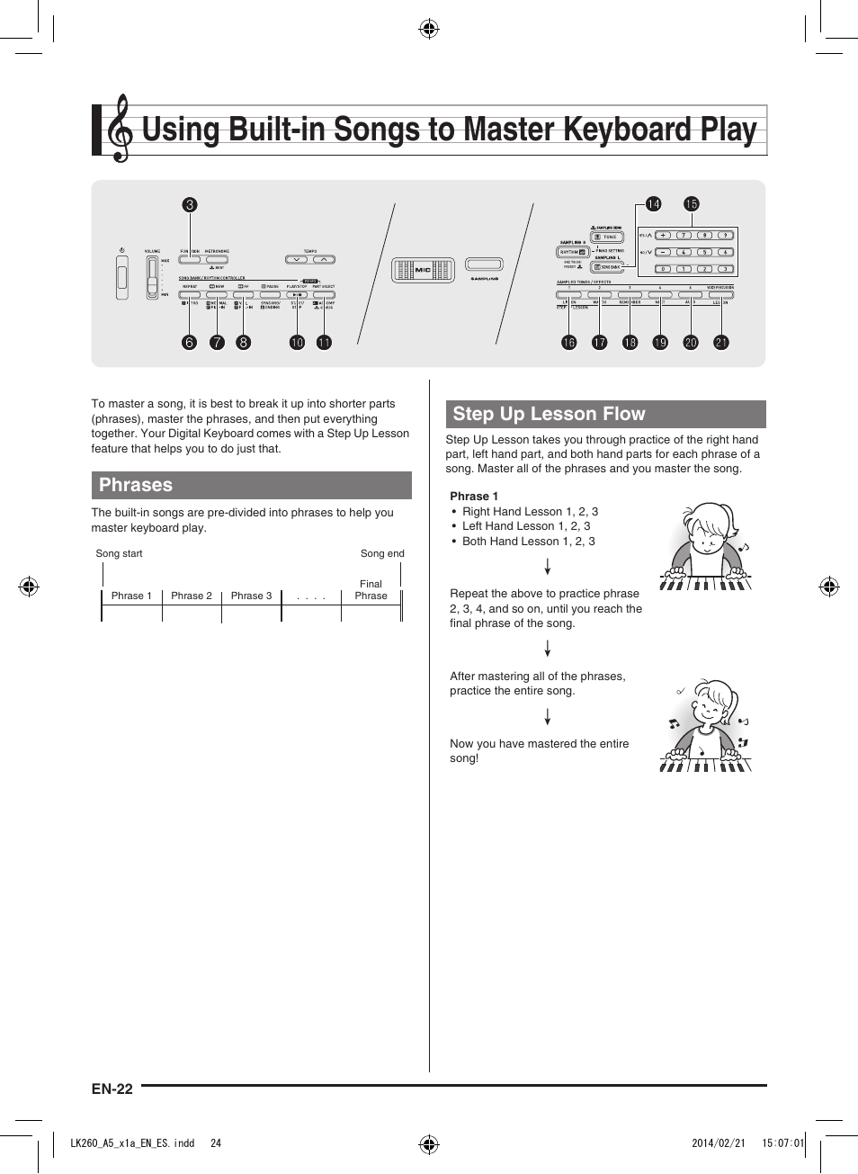 Using built-in songs to master keyboard play, Phrases, Step up lesson flow | Casio LK-170 User Manual | Page 24 / 48