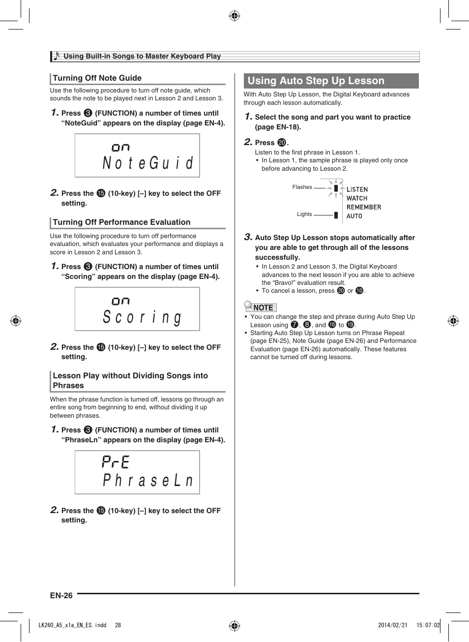 Using auto step up lesson | Casio LK-170 User Manual | Page 28 / 48