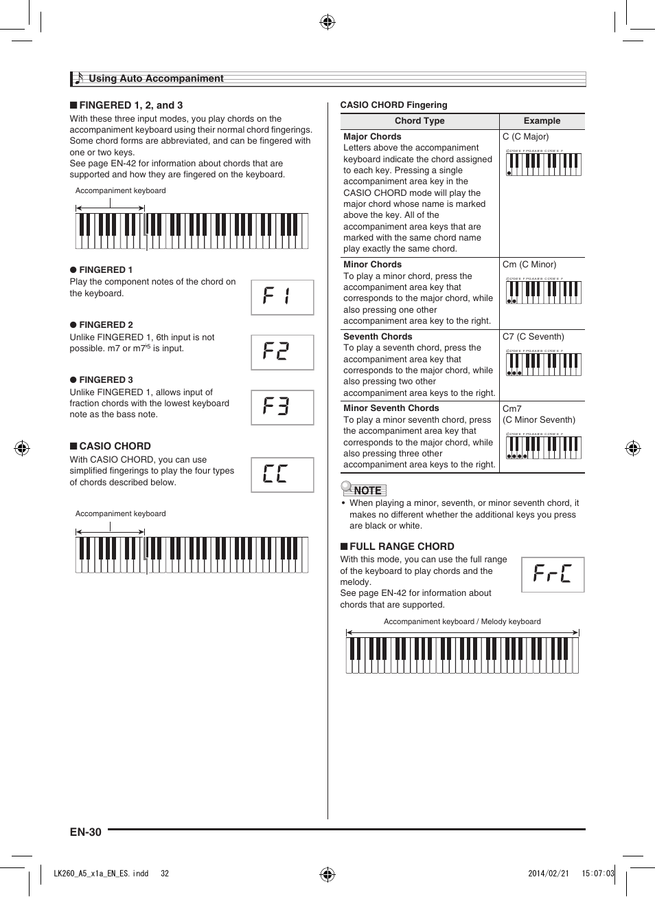 En-30, Using auto accompaniment, Fingered 1, 2, and 3 | Casio chord, Full range chord, Accompaniment keyboard, Accompaniment keyboard / melody keyboard | Casio LK-170 User Manual | Page 32 / 48