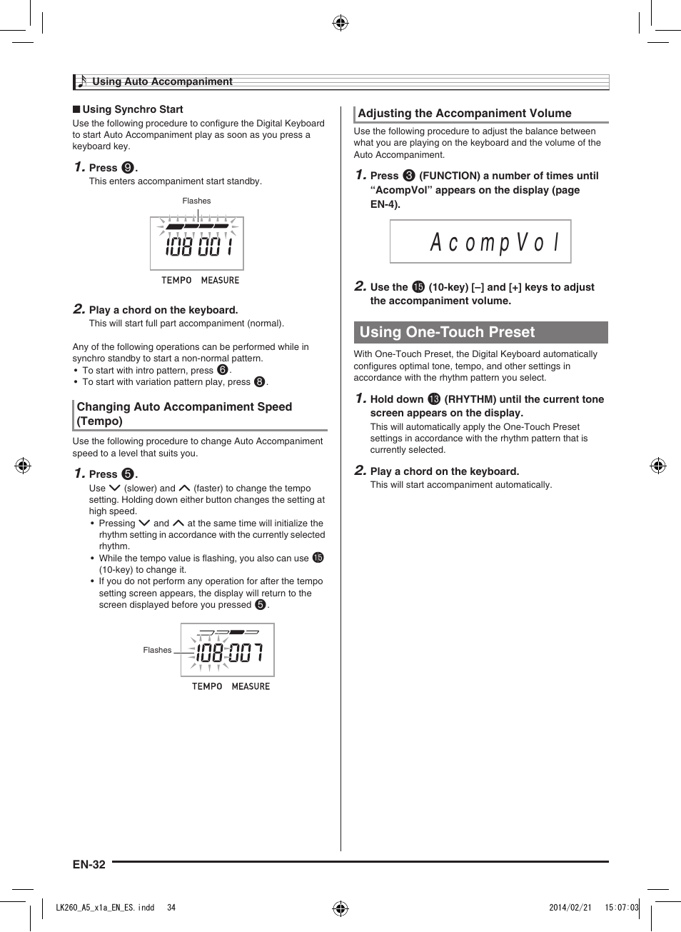 Using one-touch preset | Casio LK-170 User Manual | Page 34 / 48