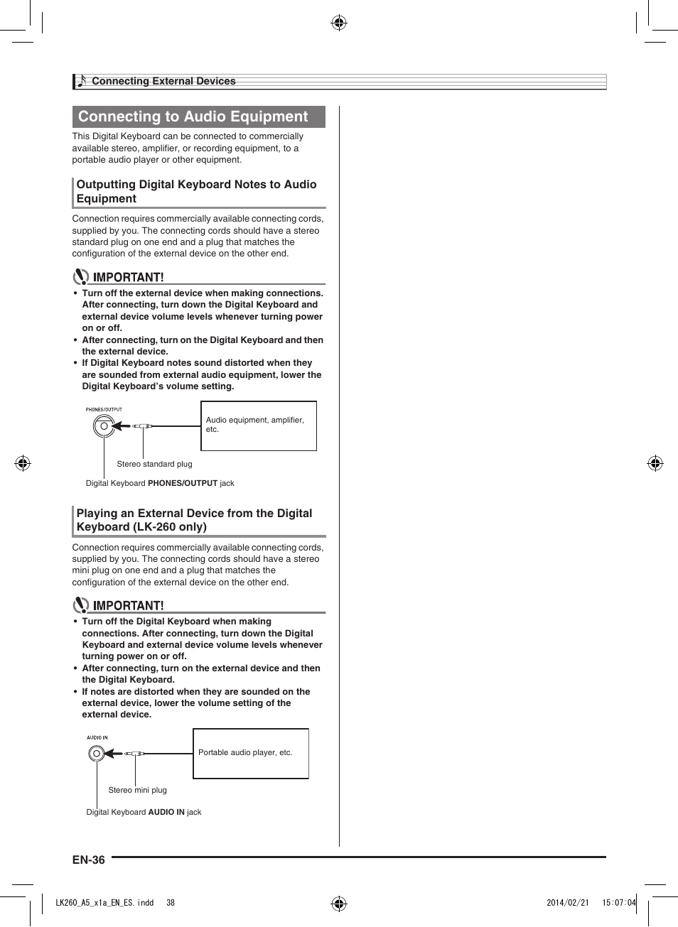 Connecting to audio equipment, En-36 | Casio LK-170 User Manual | Page 38 / 48