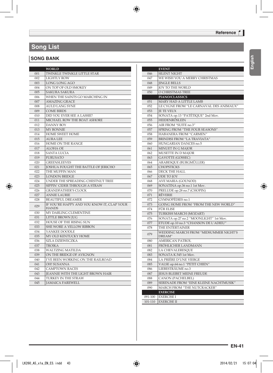 Song list, En-41, Song bank | Reference | Casio LK-170 User Manual | Page 43 / 48