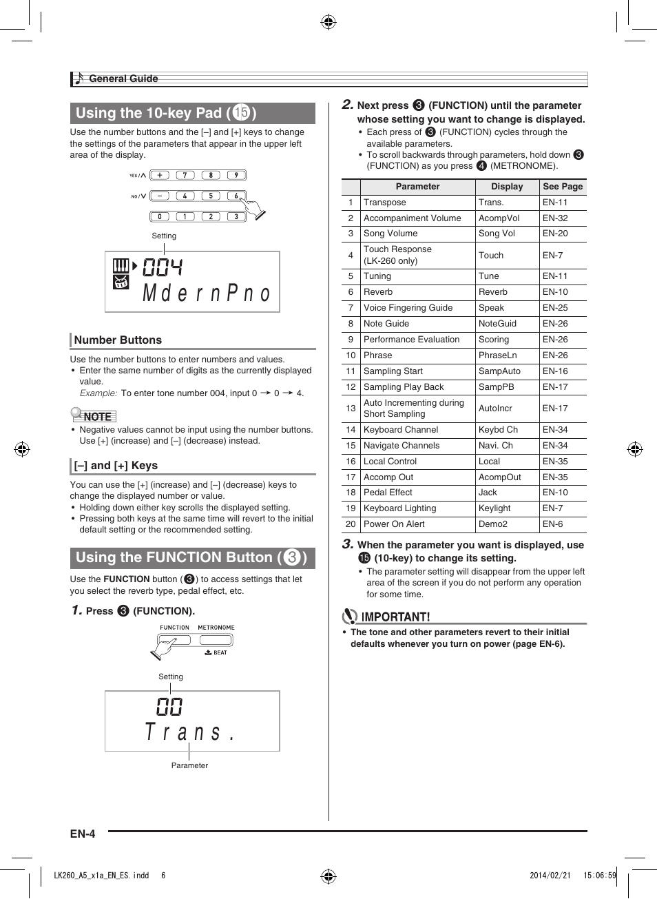 Using the 10-key pad, Using the function button | Casio LK-170 User Manual | Page 6 / 48