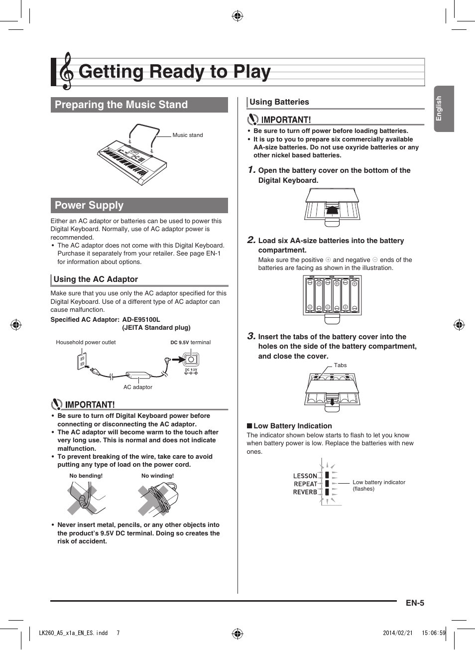 Getting ready to play, Preparing the music stand power supply | Casio LK-170 User Manual | Page 7 / 48